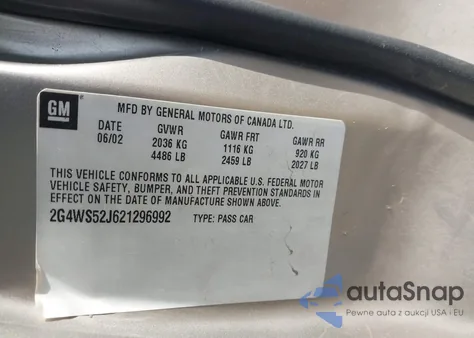 2002 Buick Century Custom z USA, uszkodzony, nr VIN 2G4WS52J621296992